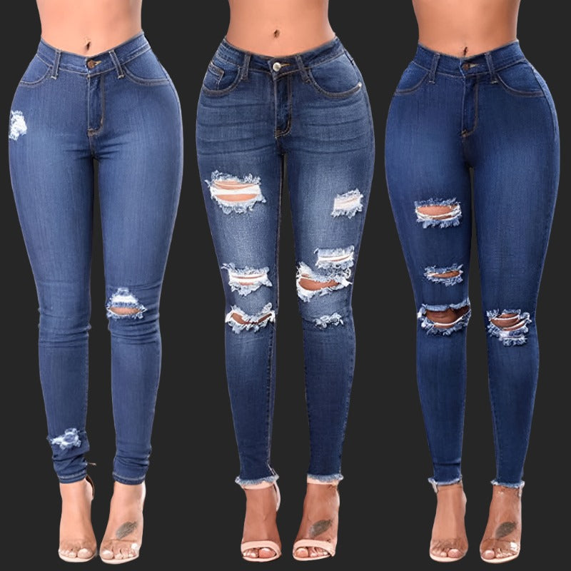 High Waist Skinny Stretch Ripped Denim