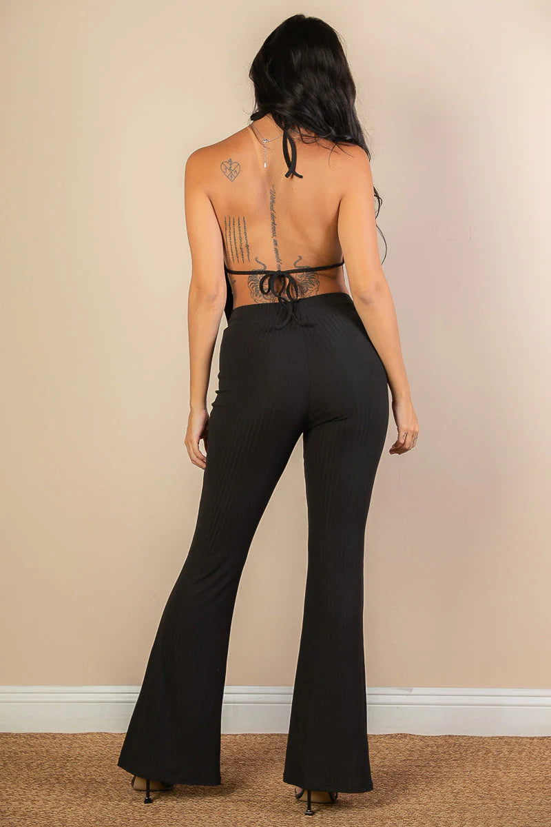 Split Front Backless Halter Top & Flare Pants Set