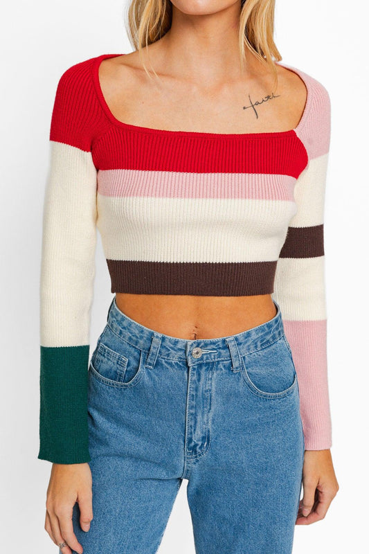 Stripe Color Block Knit Crop Top - Long Sleeve 