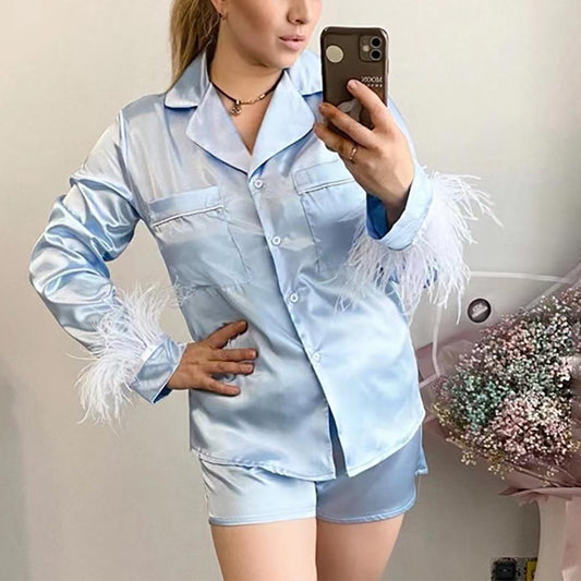 Women's Solid Color Feathers Decor Long Sleeve Shirt & Shorts Two-piece