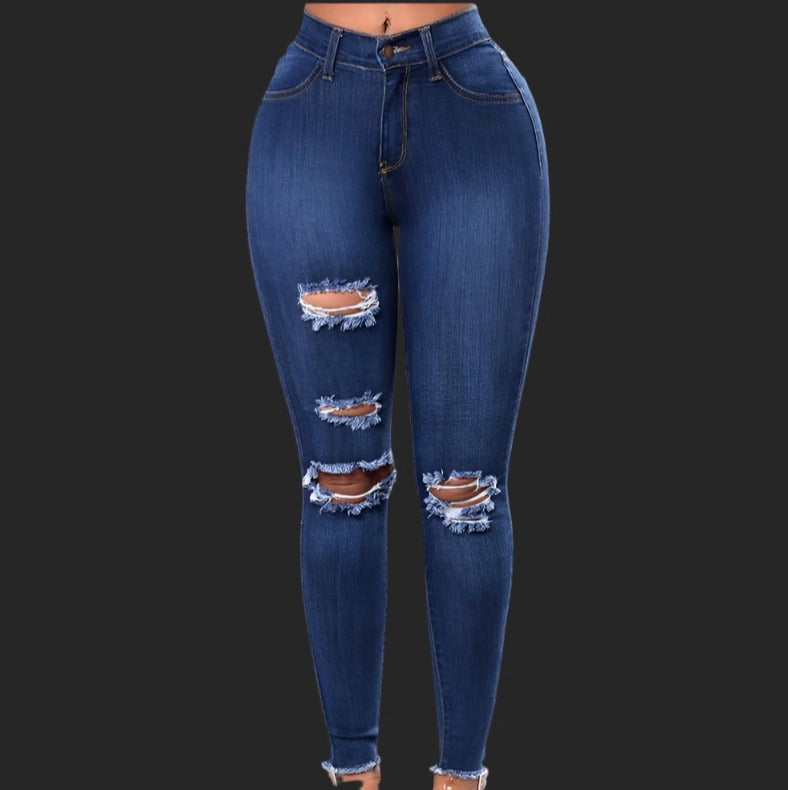 High Waist Skinny Stretch Ripped Denim