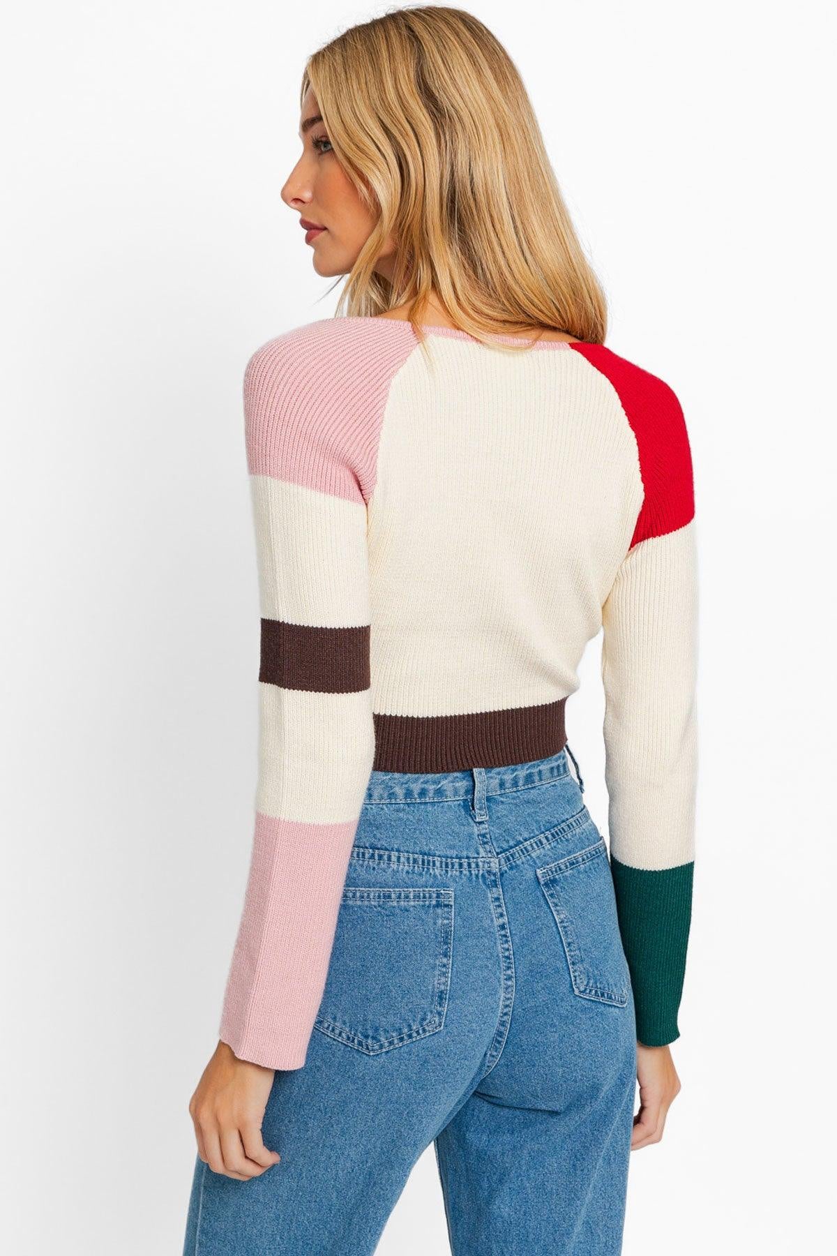 Stripe Color Block Knit Crop Top - Long Sleeve 